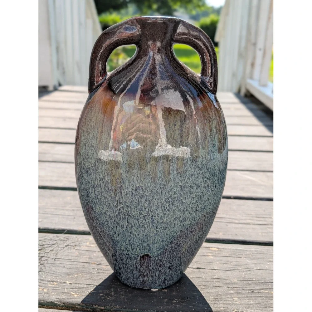 Vintage Ceramic Vase Medium Blue Brown Excellent Drip Glaze Amphora Decor